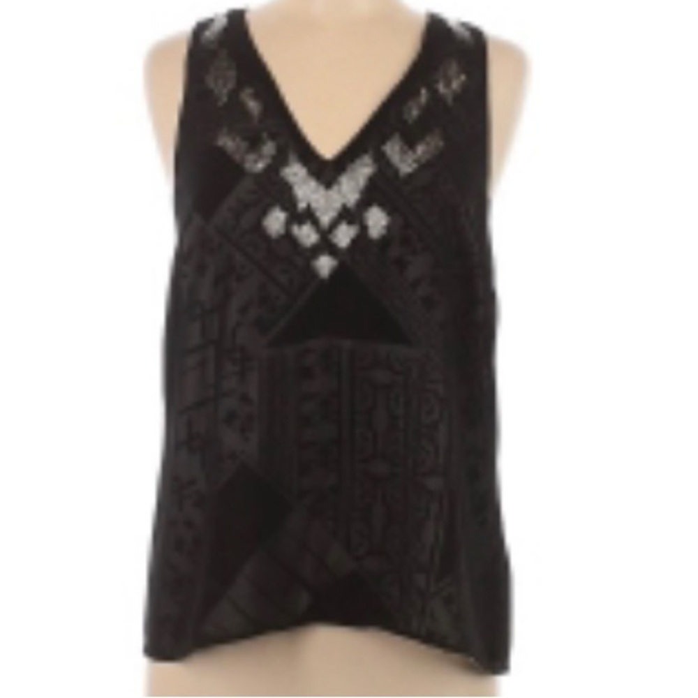 Black. Sleeveless. Slightly Plunge.Embroidered Detail. Pattern on inside.